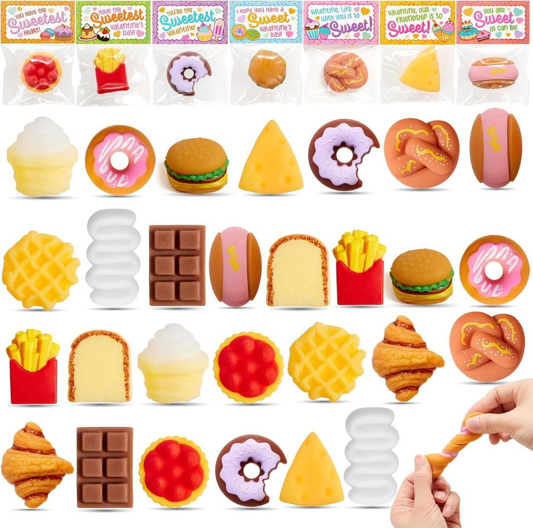 JOYIN 28 PCS Valentines Day Dessert Mochi Squishy Toy with Card, Prefilled 14 Design Kawaii Food Stress Relief Squeeze Fidget Toy for Kid Valentine Party Favor, Classroom Gift Exchange School Reward
