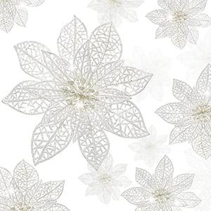 Boao White 24 Pieces Poinsettia Flower Christmas Glitter Artificial Poinsettia with Clips Christmas Tree Ornament Decorations for DIY Xmas Wreath Holiday Home Party Decor, 3/4/6 Inches