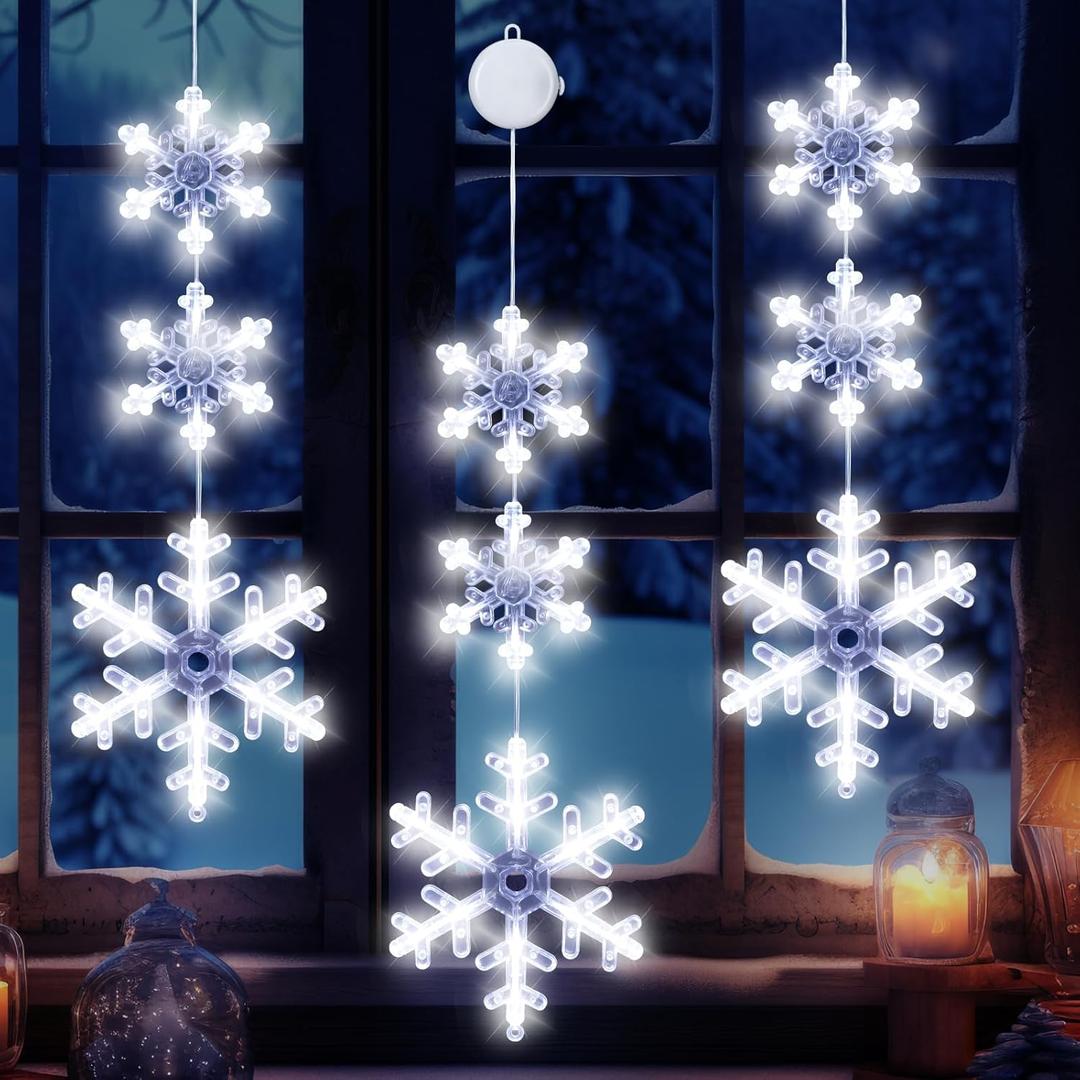 Christmas Window Decorations, 3 PCS Snowflake Christmas Window Lights with Suction Cup Battery Operated Hanging White Lighted Snowflake Light Xmas Decorations Indoor Outdoor Fireplace Home Party Decor