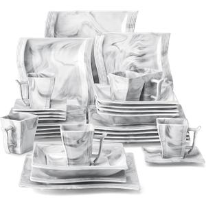 MALACASA Plates and Bowls Sets, 30 Piece Porcelain Dinnerware Sets for 6, Square Dinnerware Set with Dinner Plate, Dessert Plate, Soup Plate, Cup and Saucer, Modern Dish Set, Marble Grey, Series Flora
