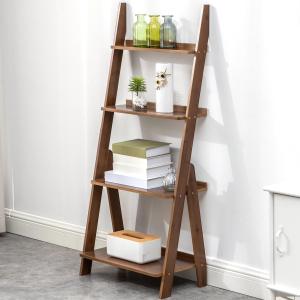 Maydear Bamboo Ladder Shelf Bookcase, 4-Tier Leaning Bookshelf Free Standing Organizer Storage Shelves for Living Room, Bedroom, Kitchen, Home Office, Balcony (Dark Walnut)