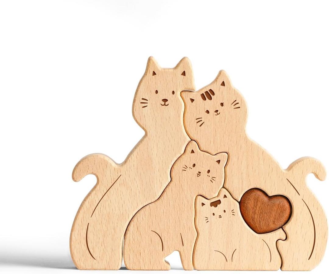 Wooden Cat Family Puzzle, Personalized Wooden Puzzle Customized 4 Name Puzzle for Home Crafts Decor, House Warming Birthday Family Party for Mother's Day New Baby