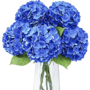 21" Real Touch Hydrangea Artificial Flowers with Long Stem & Leaves | 5Pcs Latex Faux Hydrangea Flowers for Home Decor Party Floral Arrangements Wedding Bouquets Centerpieces (Dark Blue)
