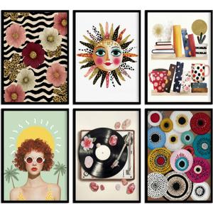 KKP 6Pcs Colorful Girl Bedroom Wall Art, Chic Eclectic Posters Prints, Boho Sun Face ＆ Record Player and Books Pictures Wall Decor for Teen Girls Apartment Dorm 12x16 Inch Unframed