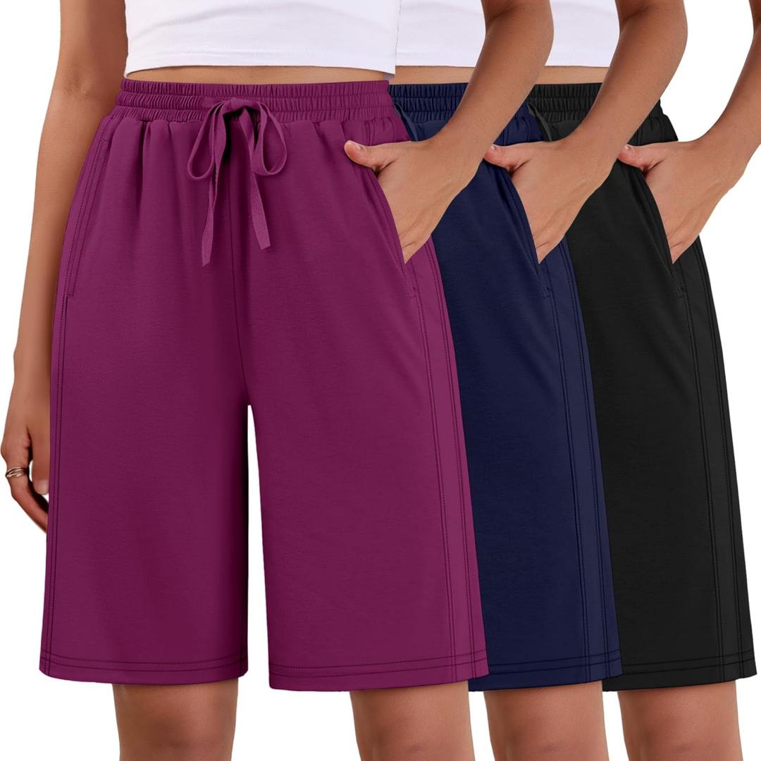 Evervibe 3 Pack Women's Bermuda Shorts Summer Drawstring Elastic Waisted Comfy Casual Sweat Long Shorts (X-Large, Black, Navy Blue, Fuchsia)