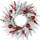Winter Wreath, 24inch Wreaths, Artificial Wreaths for Front Door, White Faux Fir with Red Ornaments and Berries Wreaths in Autumn and Winter, Indoors,Outdoors, corridors, Offices. (White)
