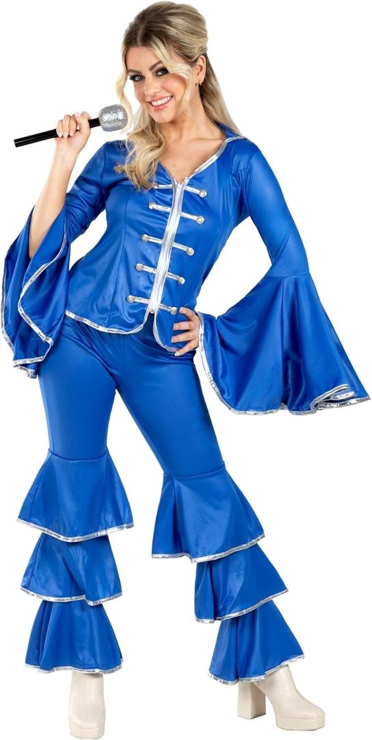 fun shack 70 Disco Costume for Women Blue Flares, Disco Queen Jumpsuit, Retro Dance Outfit for Parties (Medium)