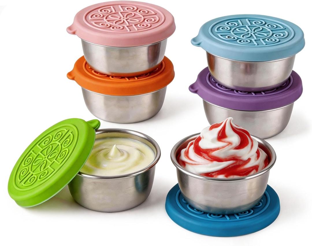 Salad Dressing Container To Go, 6 Pack 1.6 OZ Small Dressing Containers with Lids, Reusable Stainless Steel Condiment Containers, Sauce Cups, Leakproof Silicone Lids for Lunch Bento Box (colorful)
