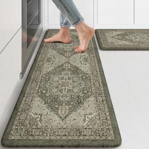 KIMODE Anti Fatigue Mats for Kitchen Floor 17"x47"+17"x29", Boho Kitchen Rugs Sets of 2,Cushioned Kitchen Floor Mats, Comfort Standing Mat for Laundry, Office, Sink, Desk Dark Green