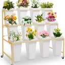 Flower Display Stands with Buckets, 3-Tier Rolling Plant Stand with Locking Wheels - Heavy Duty Metal Flower Cart for Indoor/Outdoor Use, Wedding Decor & Florist Displays (Holds 12 Pots) (Gold)
