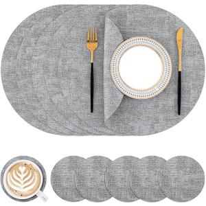 Round Placemats Set of 6,Washable Faux Leather Vinyl Table Mats with Coaster for Kitchen Party Outdoor