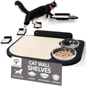 INICIO Cat Wall Shelves  Dog Proof Feeding Station with Wall Mounted Shelves, Durable 3 Step Birch Floating Shelf for Cats Up to 15lbs, Includes Attached Cat Food Bowl for Convenient Feeding  Black