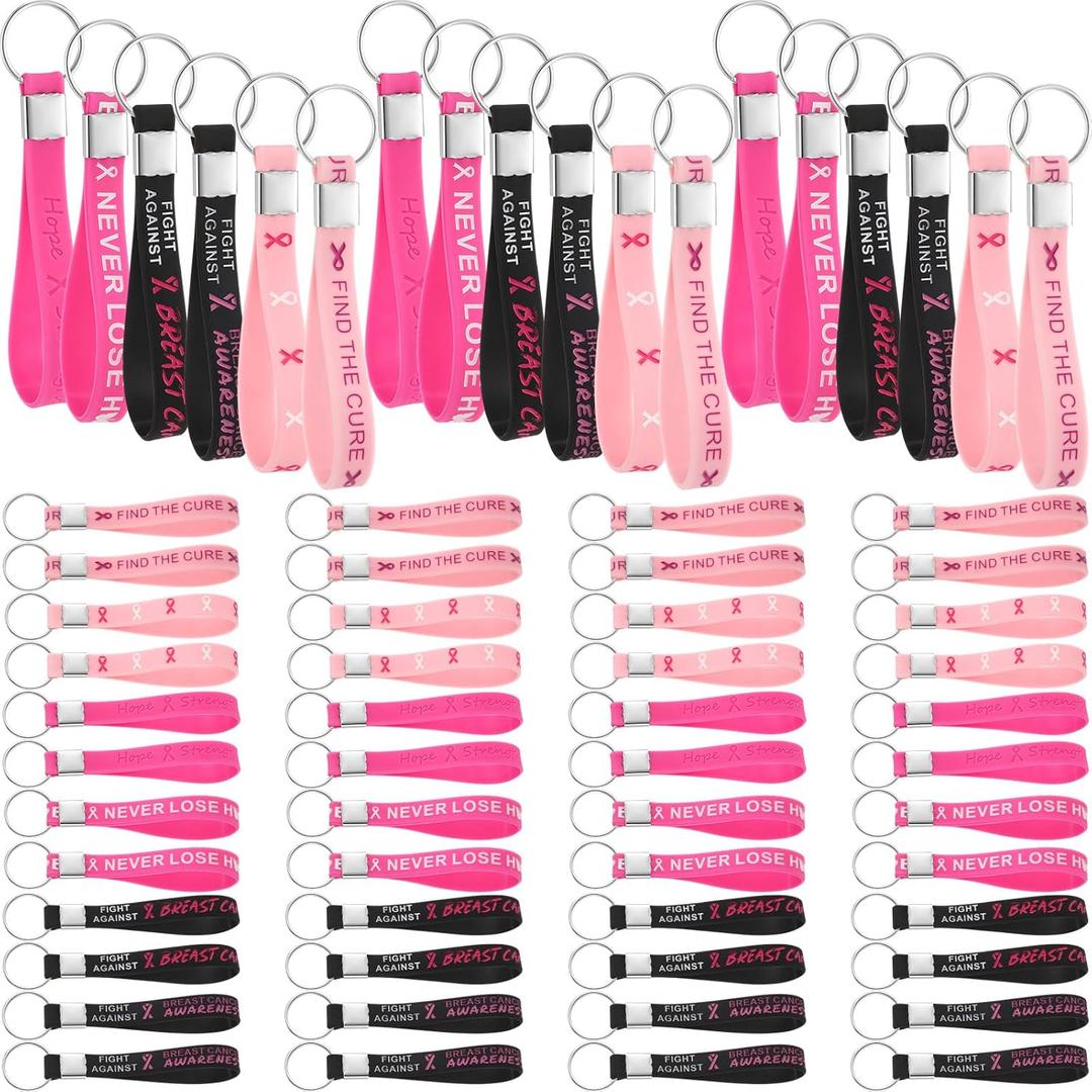 Crtiin 120 Pcs Breast Cancer Awareness Silicone Key Chain Bulk Pink Purple Ribbon Keychain Gifts for Women