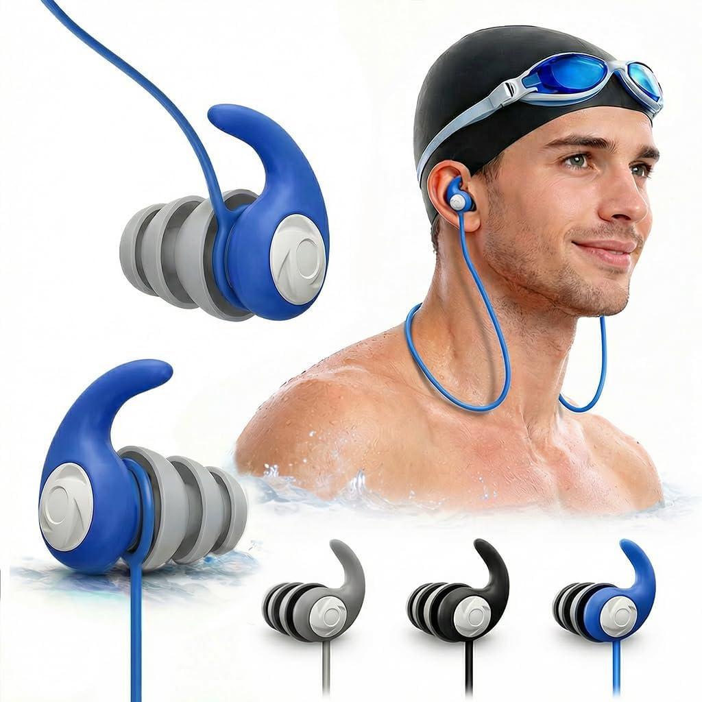Swimming Ear Plugs for Adults with Lanyard, 3 Pairs Waterproof Reusable Soft Silicone Swim Earplugs for Pool, Surfing, Diving, Showering