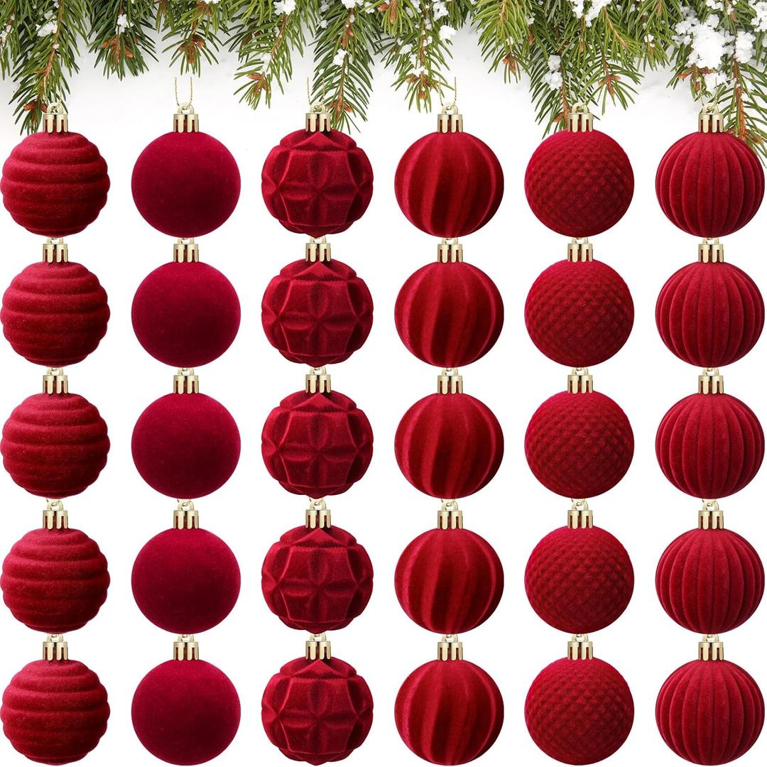Menkxi 30 Pcs Burgundy Velvet Christmas Balls Ornaments 2 Inch Flocked Christmas Tree Decorations Plastic Red Xmas Hanging Ornaments for Holiday Party Decorations