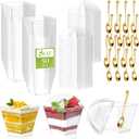 150 Pack 8oz Square Plastic Dessert Cups with Dome Lids and Mini Gold Spoons, Clear Yogurt Parfait Cups Serves 50, Disposable Appetizer Cups for Fruit Pudding Shooter Birthday,Wedding,Party Tasting