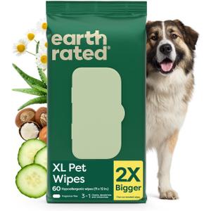 Earth Rated XL Pet Wipes for Dogs & Cats, 3-in-1 Unscented Hypoallergenic Cleaning, Deodorizing and Hydrating Extra Large Grooming for Body, Paws and Butt, Unscented, 60 Count