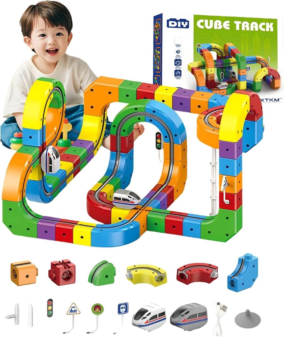 Magnetic Suction Rail Electric Train Set 3D Magic Flexible Race Track, 123 Pcs Race Car Track Block with Anti-Gravity, Educational Toy Boys Girls Birthday (123 PCS)