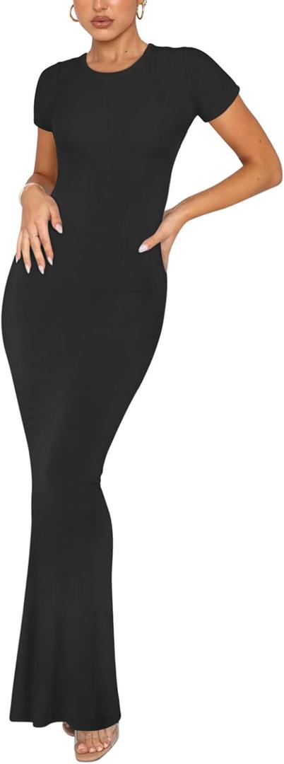 REORIA Women's Basic Summer Casual Lounge Long Dress Elegant Short Sleeve Crew Neck Bodycon Maxi Dresses (X-Small, Black)