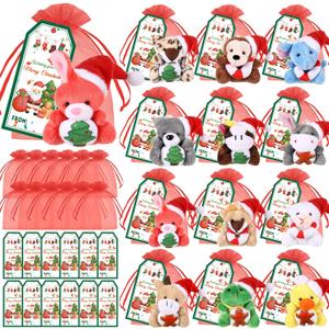 Wiwiqing 36 Pcs Christmas Mini Stuffed Animals Gifts Set 12 Christmas Plush Animals 12 Cards 12 Bags Xmas Small Plush Keychains Exchange Gift Toys for Friend Family Xmas Party Favors Goodie Bag Filler