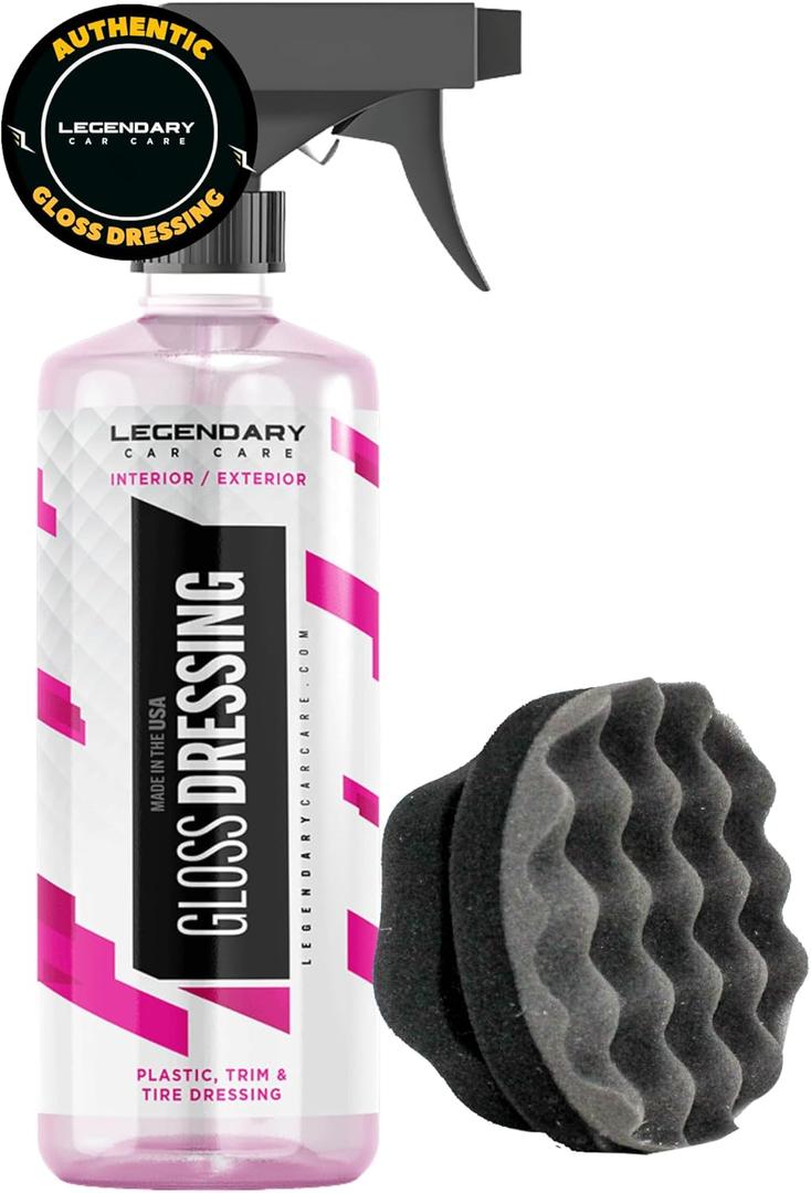 Legendary Gloss Dressing with Applicator 16oz - Tire Shine Spray & Plastic Restorer  Water Based & Non-Greasy Interior/Exterior Detailing Spray - Trim, Rubber, Vinyl & Plastic Restorer for Cars
