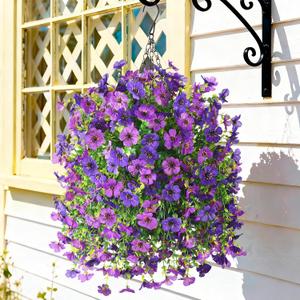 Artificial Flowers Hanging Baskets, 4 Bundles Outdoor Hanging Basket Spring Summer Decoration, No Fade Realistic Fake Flowers Plants for Porch Patio Balcony Home Yard Decor(Double Purple)