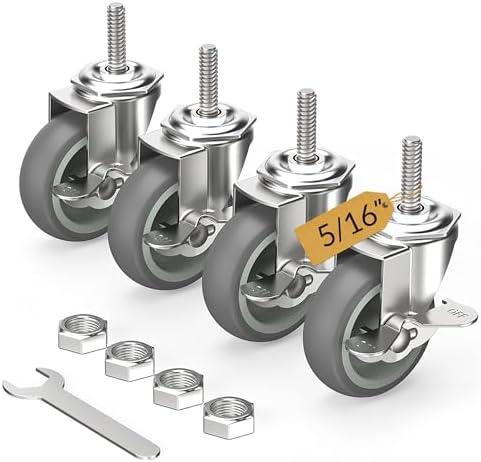 HOLKIE Caster Wheels 3 inch Locking Casters Set of 4, Threaded Stem 5/16" -18 x 1-1/2" (Diameter 5/16", Length 1-1/2") Swivel Heavy Duty Castors Gray