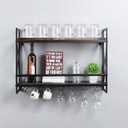 MBQQ Rustic Wall Mounted Wine Racks with 7 Stem Glass Holder,30in Industrial Metal Hanging Wine Rack,2-Tiers Wood Shelf Floating Shelves,Home Room Living Room Kitchen Decor Display Rack,Retro Black