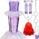 Meland Mermaid Dress - Little Mermaid Costume with Bag for Girls 5-6 Years, Princess Dress Up for Birthday Gift, Halloween Costume (Purple, M)