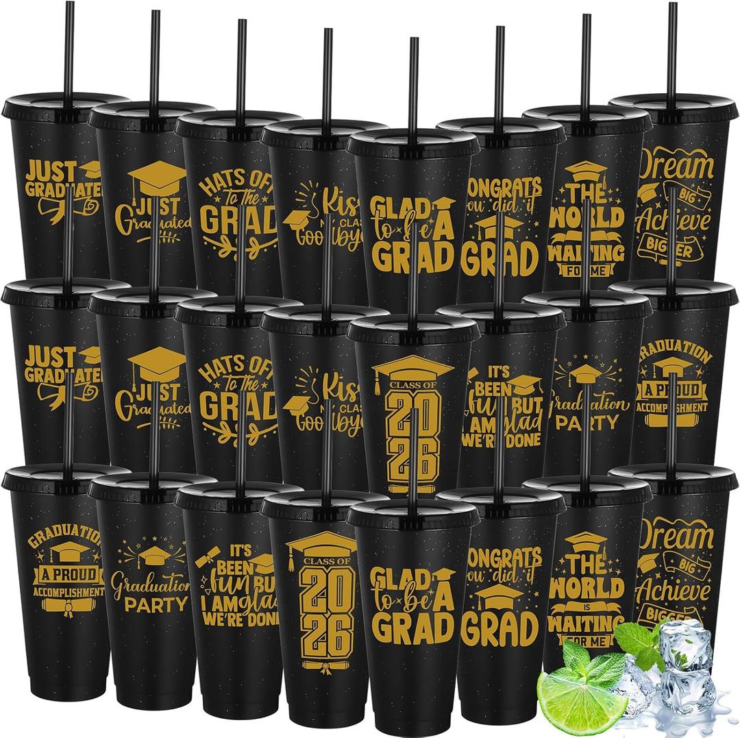Nuogo 24 Pcs 2026 Graduation Cups Plastic Graduation Gifts 24oz Congrats Grad Tumblers for College Graduate Reusable Tumblers with Straw and Lid Class of 2026 Gifts for Grad Party (Black Gold) C