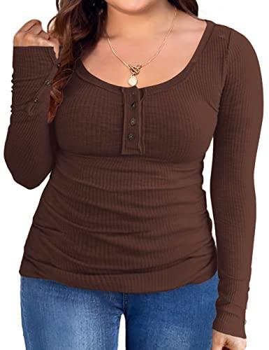TINSTREE Women’s Plus Size Henley T Shirts Long Sleeve Button Down Tunic Blouse Loose Fit Tops Scoop Neck Ribbed Knit Shirts Coffee XL