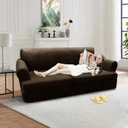 3-Pieces T Cushion Loveseat Slipcovers Leather Look Couch Cover Loveseat Covers for 2 Cushion Couch Furniture Protector Stretch Sofa Cover with 2 Individual T Cushion Seat Covers, Coffee
