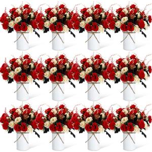 Domensi 12 Sets Valentine's Day Centerpiece for Table Artificial Rose with Vase Fake Bouquets and Metal Pot Floral Arrangements for Wedding Holiday Party Event Table Decor (Red,Champagne)