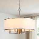 24" 6-Light Brushed Nickel Chandelier with White Fabric Drum Shade, Modern Adjustable Large Pendant Chandelier for Dining Room, Kitchen Island, Living Room, Bedroom, Entryway, E12 Socket, 23.6"