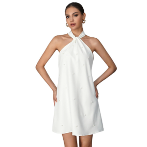Floerns Women's Pearl Beaded Halter Twist Sleeveless Tie Back Dress A Line Dress, Small