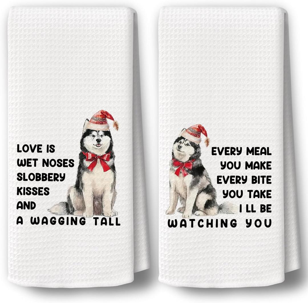 Christmas Dog Kitchen Towels Decor Set of 2 - Funny Husky Dog Xmas Holiday Hand Tea Towels, Retro Funny Puppy Gifts Christmas Dish Towel Dishcloths Decorations for Home Kitchen, 16"x24"