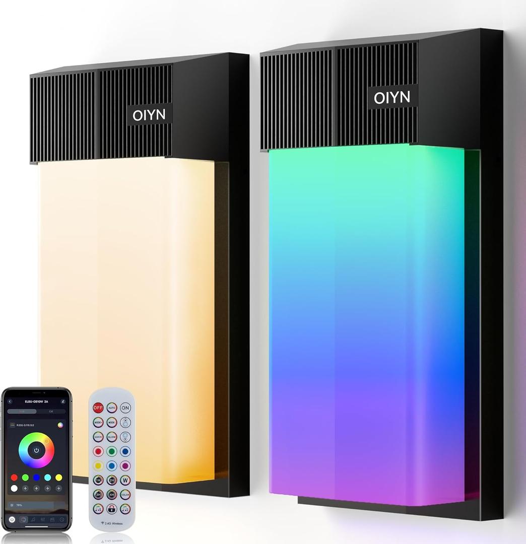 OIYN Outdoor Wall Light, Smart RGBICWW Porch Lights Outdoor, 1500LM Modern Wall Sconce with 30+ Scene Modes, Retome & APP Control, IP65 Waterproof Color-Changing DIY for Outdoor Decor, 2 Pack