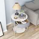 OIOG Round Side Table with Drawer, Modern Nightstand with Shelf and Chrome Finish Metal Legs, 2 Tier End Table for Living Room, Bedroom, Office, Marbling Natural Stone/Silver, 21.26 inches x 21.26 inches x 23.66 inches