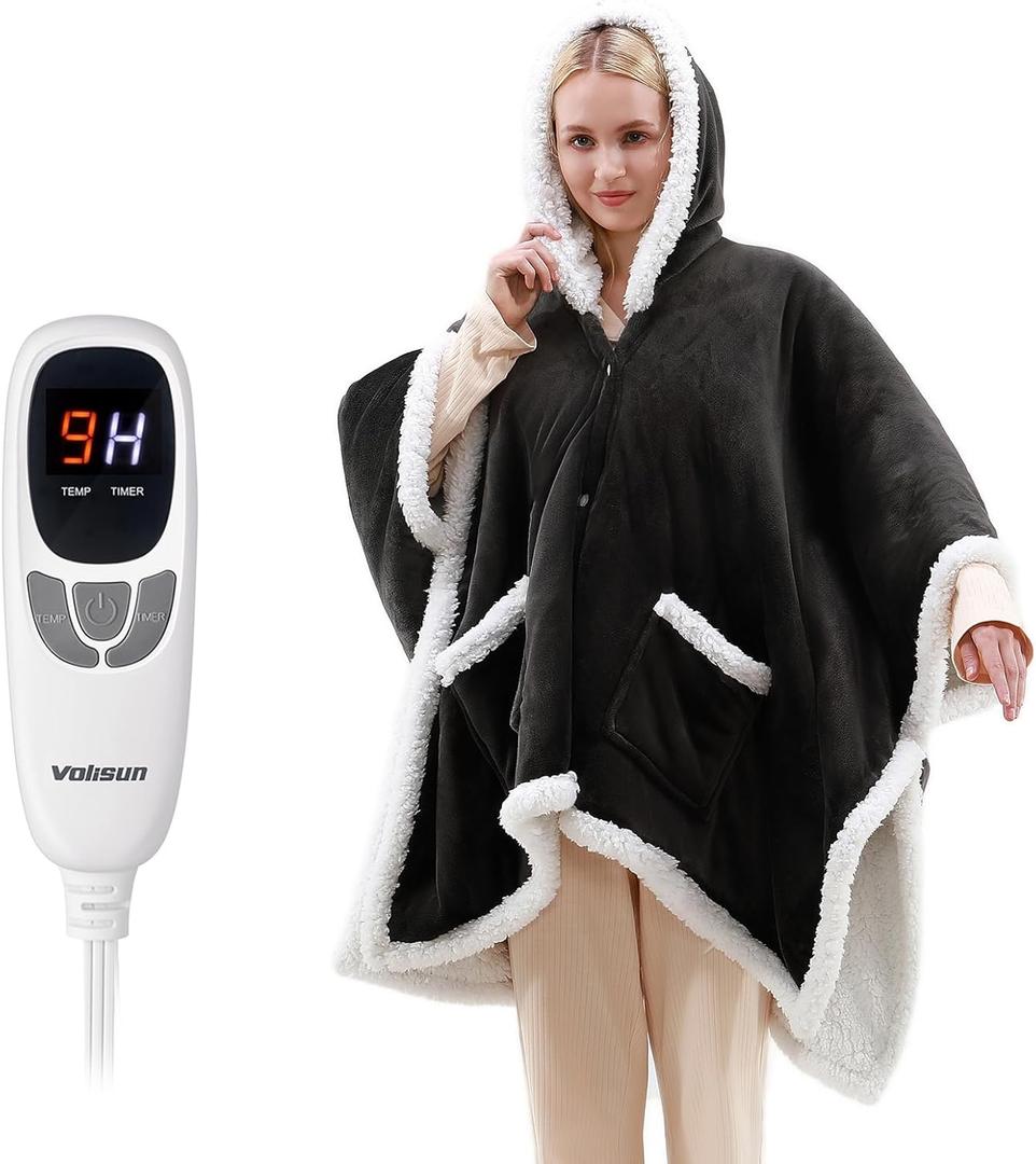 VOLISUN Wearable Heated Throw Blanket Electric Shawl,Heated Wrap Poncho Robes Hoodie for Adult,Birthday for Mom Women Grandma,9 Heating Levels & 1-10 Hours Time Settings,Grey (64*50" Grey)