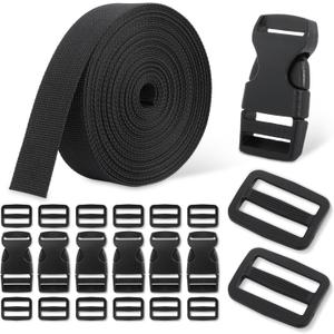 Buckle & Strap Kit - 6 Yards 1 Inch Wide Polyester Webbing Stronger Than Nylon, 6 Plastic Quick Release Buckles & 12 Triglide Clips, Adjustable Extender Straps for Backpack, Dog Collar, Fanny Pack