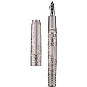 Hongdian 100 Silver Steel Piston Fountain Pen, Iridium Extra Fine Nib Calligraphy, Smooth Writing Pens, Nice Writing Pen for Men & Women