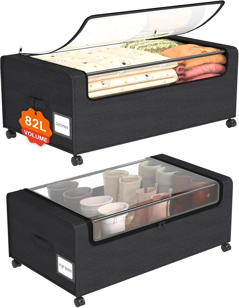 Webetop Under Bed Storage Containers with Wheels,12 inch Under the Bed Storage Bins with Clear Lid for Underneath Small Spaces Dorms, Blankets (2 Pack, 30.7"x17.3"x12") (Black)