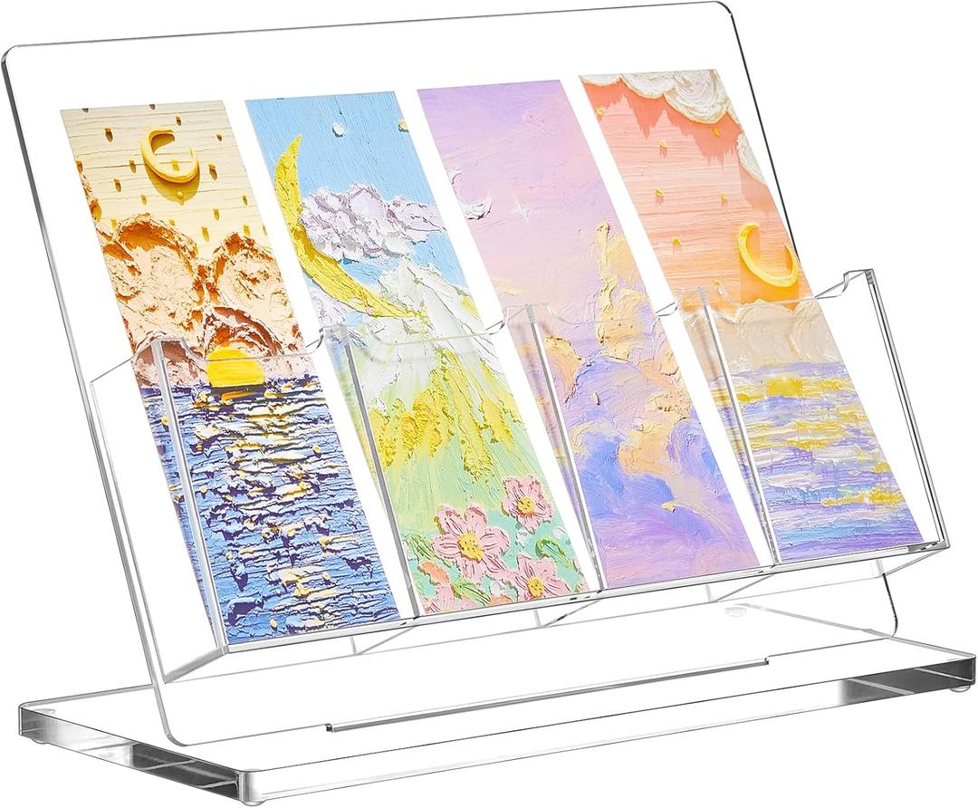 Dunzoom 1 Pc Freestanding Acrylic Bookmark Display Holder for Business Multiple No Assembly Required 2'' Bookmark Organizer Stand for Vendors Retail Store Craft Show (One-Layer 4 Slots)