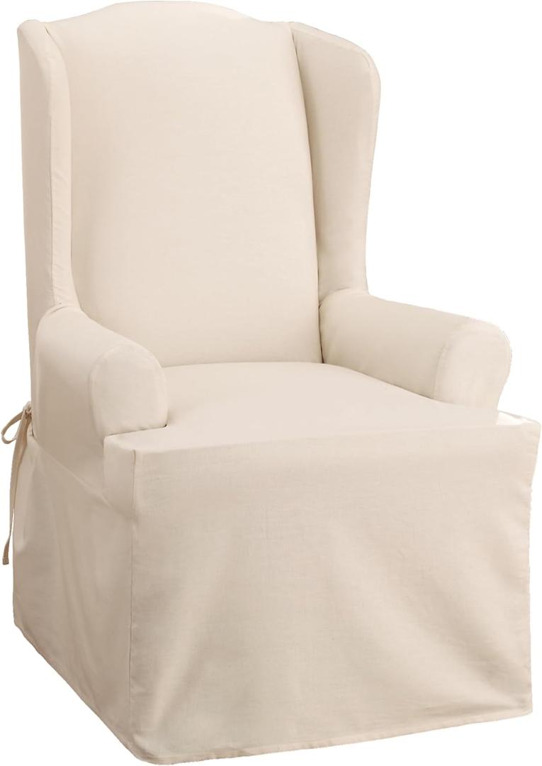 SureFit Home Dcor Cotton Duck Solid T-Cushion Wing Chair One Piece Slipcover, Relaxed Woven Fit, 100% Cotton, Machine Washable, Natural Color