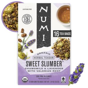 Numi Organic Sweet Slumber Tea, 16 Herbal Tea Bags, Caffeine Free (EXP 05/01/27)