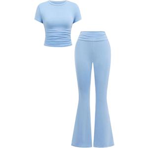 SOLY HUX Girl's Summer Clothing Set Short Sleeve Crop T Shirts and Flare Pants 2 Piece Outfit Pure Blue, 11Y