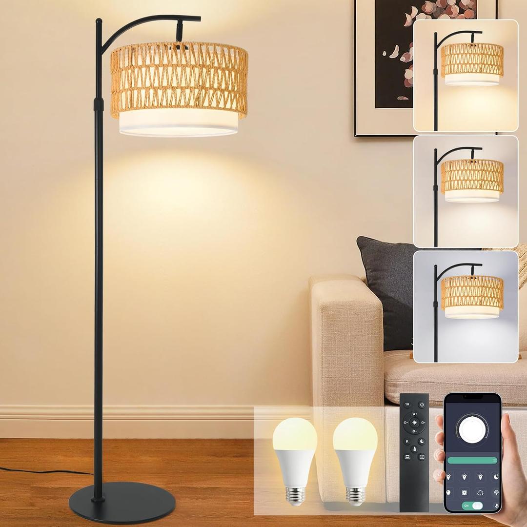 Rustic Black Farmhouse Floor Lamp with Woven Rattan Shade - 12W LED, Remote & Dimmable 3-Color Temp, Tall Standing Lamp for Living Room (Small)