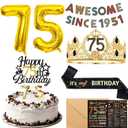 75th Birthday Decorations for Men - Vintage 1951 Birthday Supplies with Banner, Crown, Sash, Cake Topper, Gold 75 Number Balloons, Card with Envelope, 75 Year Old Party Decor Set for Him