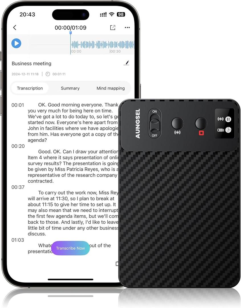 AI Voice Recorder, Transcribe & Summarize AI Audio Recorder, Support 121 Languages, 64GB Memory, Wireless Charging, App/Web Control, Digital Recording Device for Lectures, Meetings, Calls, Black
