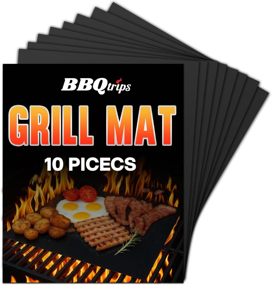 Grill Mats for Outdoor Grill, (10 pcs) Non Stick BBQ Grill Mat Grilling Mat, BBQ Grilling Accessories, Heavy Duty, Reusable and Easy to Clean, Grill Sheets for Gas Charcoal and Electric BBQ (Black)